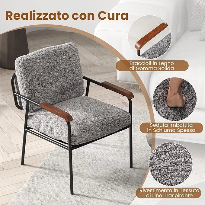 Poltrona da Camera da Letto, Sedia Imbottito con Cuscino Posteriore, Braccioli in Legno di Gomma Massiccio e Struttura in Metallo, Poltrona Relax Moderna per Soggiorno e Studio