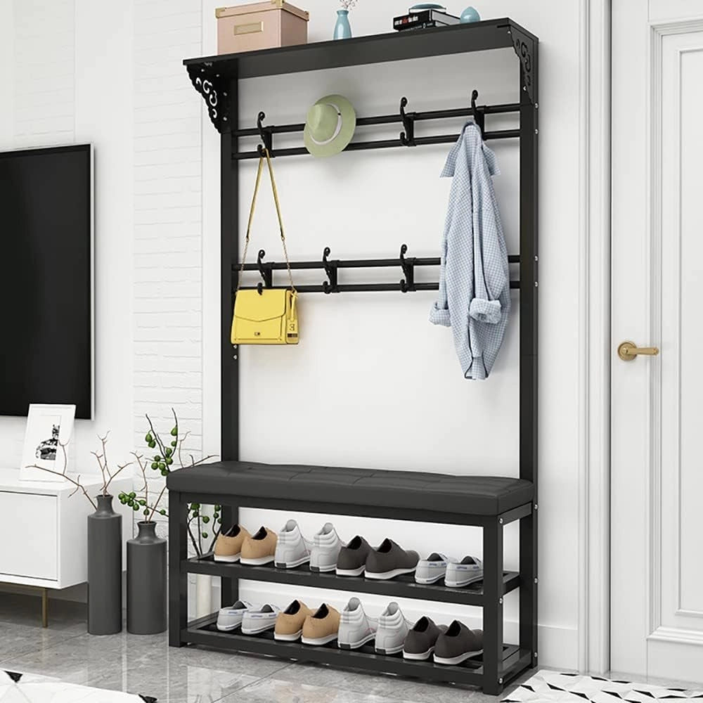 Appendiabiti in Metallo con Panca per Scarpe, 11 Ganci e 2 Ripiani per Scarpe, Moderno Organizer per Ingresso Industriale per corridoi, soggiorni, Facile da Montare, 100 x 30 x 172 cm