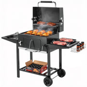 Barbecue a Carbone a Rotelle con Griglia Regolabile e Ripiani Pieghevoli, in Acciaio e PP, 133.5x65x110 cm, Nero
