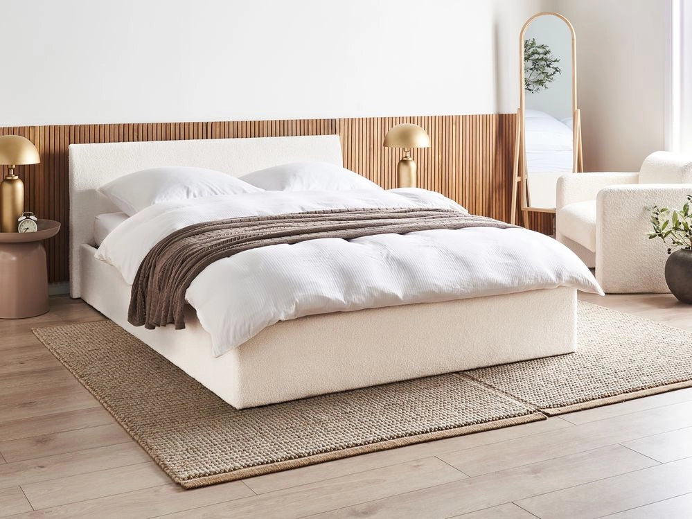 Letto matrimoniale boucle 160 x 200 cm con contenitore rialzato con testiera bianco sporco