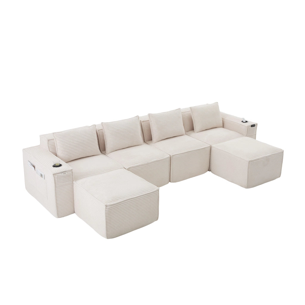 Divano modulare 4 posti - con portabicchieri e tasche laterali - in tessuto a coste beige
