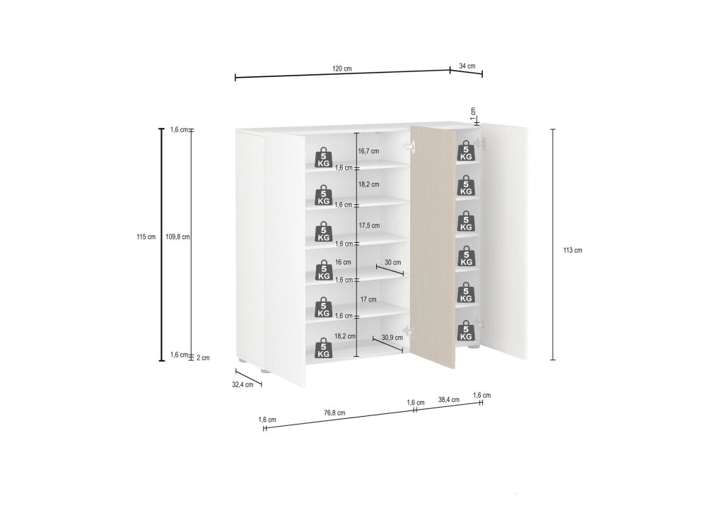 Mobile Portascarpe Palasio, Scarpiera 24 Paia Made in Italy, 120x34x115h cm Bianco Lucido