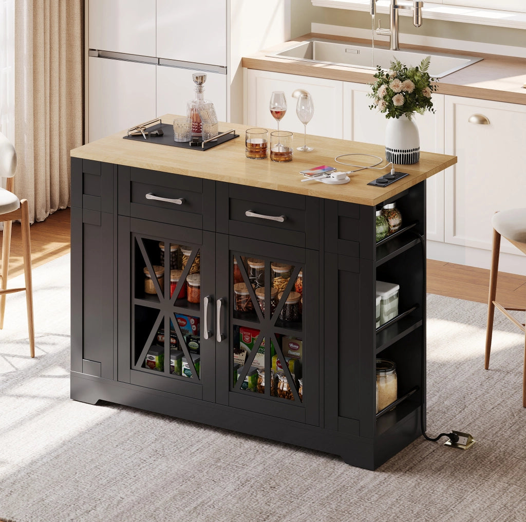 Isola da cucina su ruote con tavolo ribaltabile; prese AC e USB; 120 cm; MDF; nero e naturale