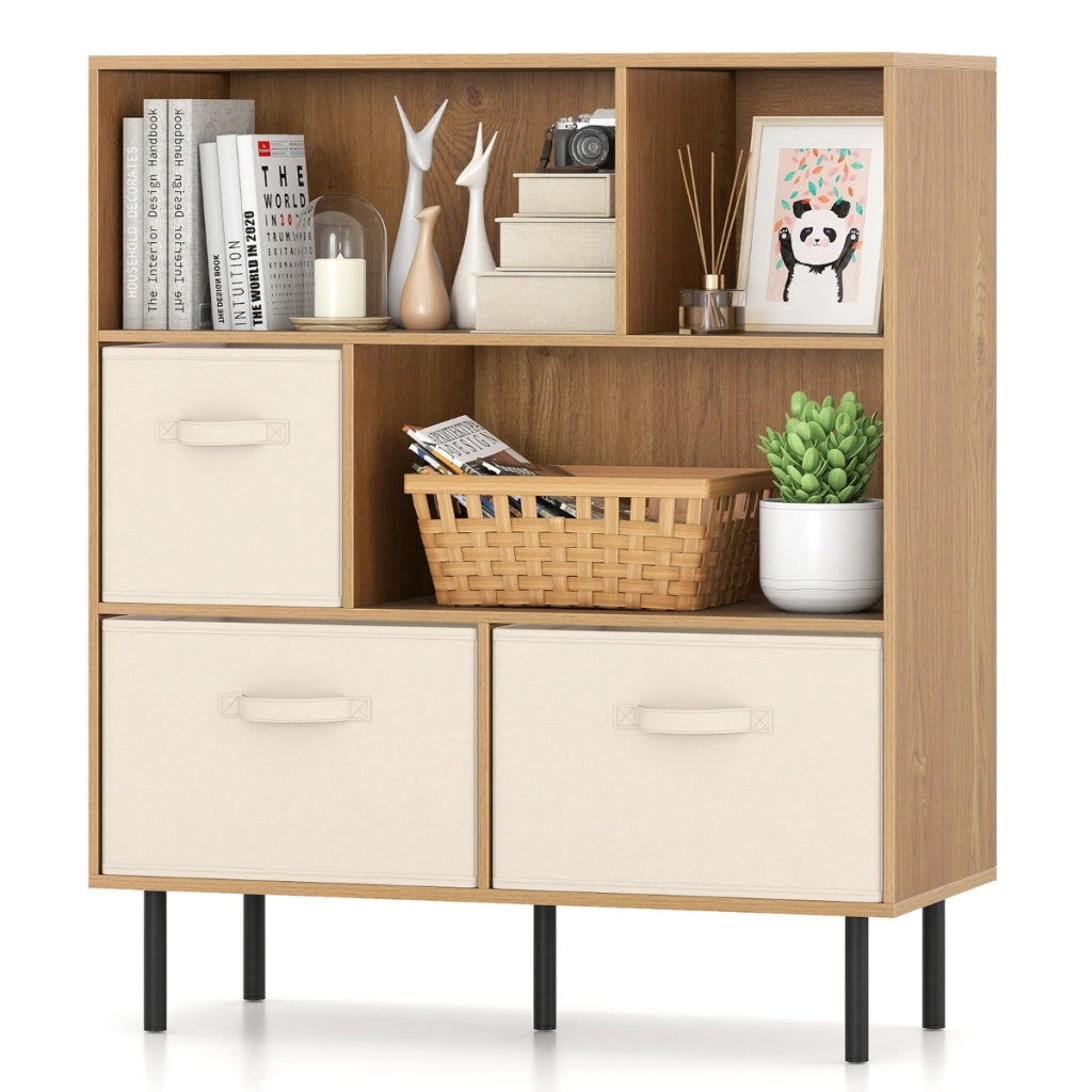 Libreria organizzatore autoportante gambe metallo soggiorno-Armadietto contenitore 6 cubi scaffale 3 livelli 3 cassetti tessuto Legno naturale