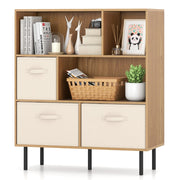 Libreria organizzatore autoportante gambe metallo soggiorno-Armadietto contenitore 6 cubi scaffale 3 livelli 3 cassetti tessuto Legno naturale