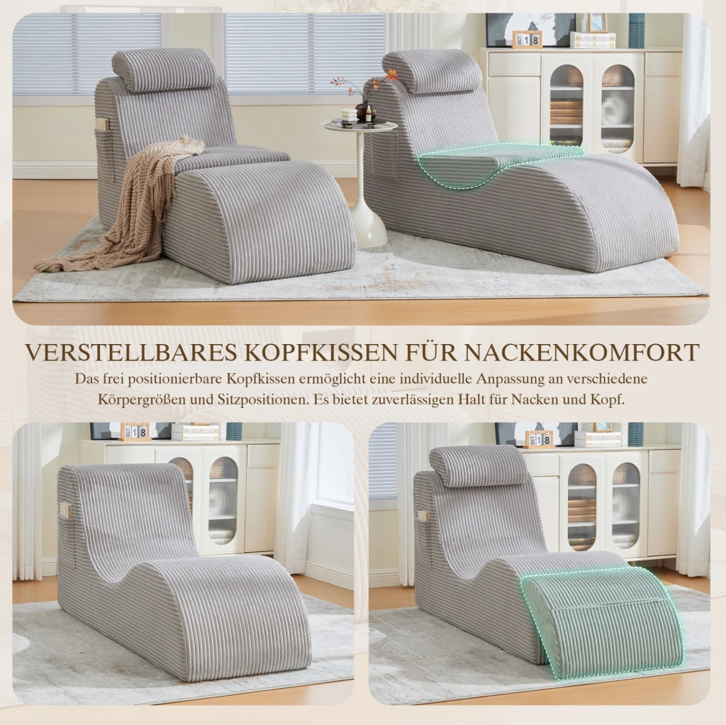 Poltrona ergonomica 160x66x90 cm con tasca laterale e cuscino; grigio chiaro