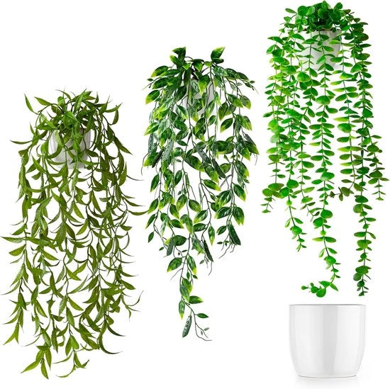 Set di 3 piante artificiali (60 cm) in vasi ceramici bianchi: piante artificiali come vere - piante artificiali penzolanti - piante artificiali in vaso - piante artificiali con vaso