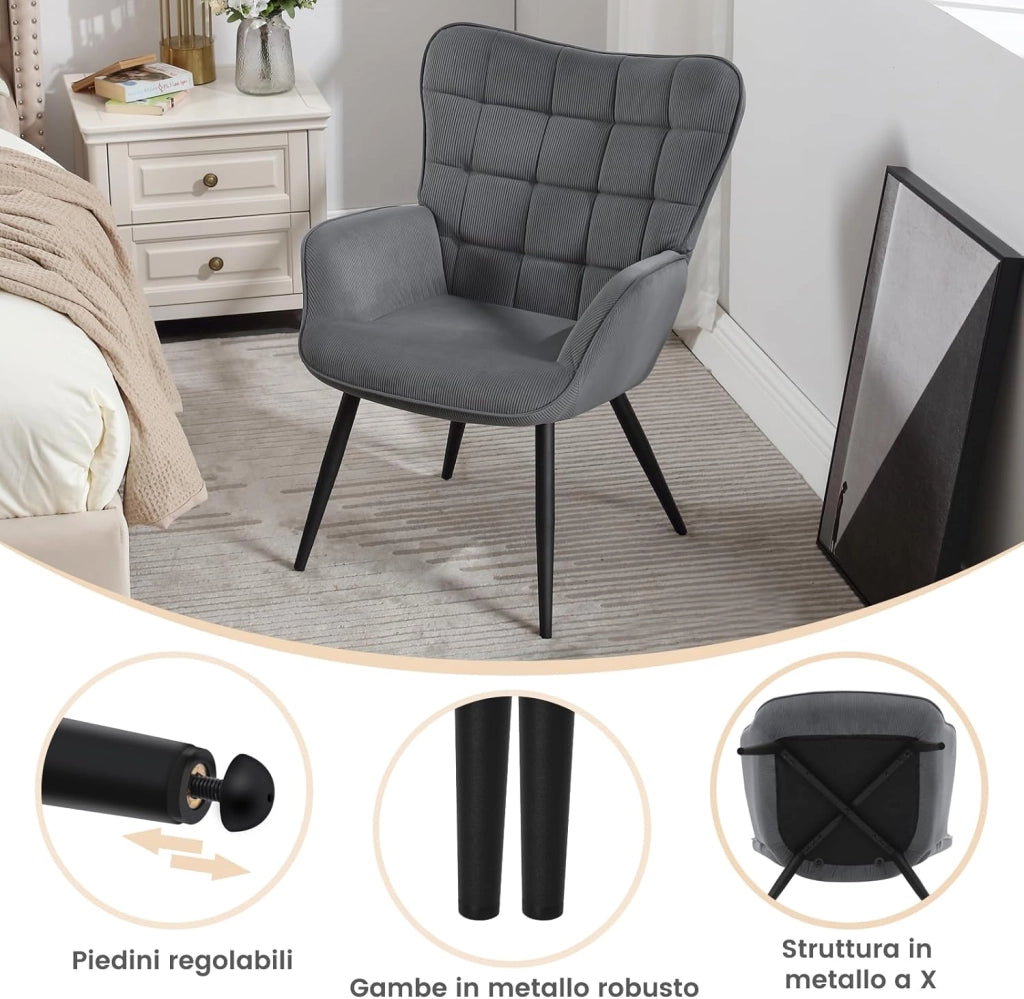Poltrona Relax ad Ala, Poltrona Salotto Braccioli Alti, Sedia Poltrona per Camera da Letto, Soggiorno, Sedile in Velluto a Coste, Gambe in Metallo, Motivi a Quadri, Grigio Scuro, SKS31dgr
