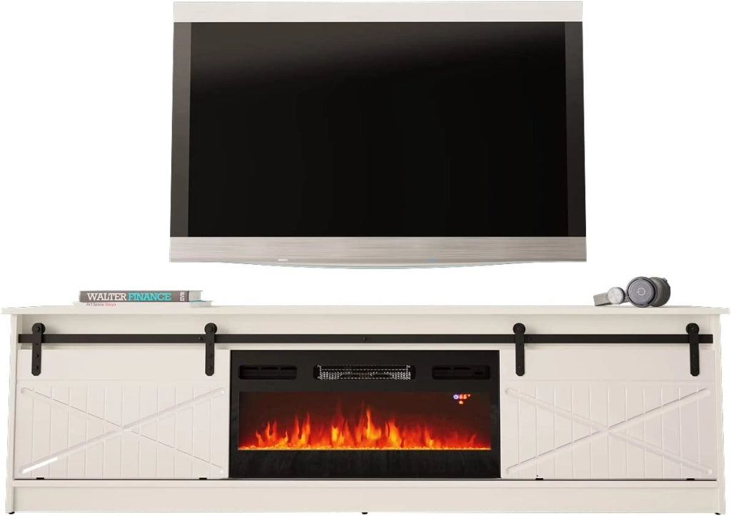 MOBILE TV CON CAMINETTO ELETTRICO GRANERO INCORPORATO cm200x35x57 BIANCO LUCIDO