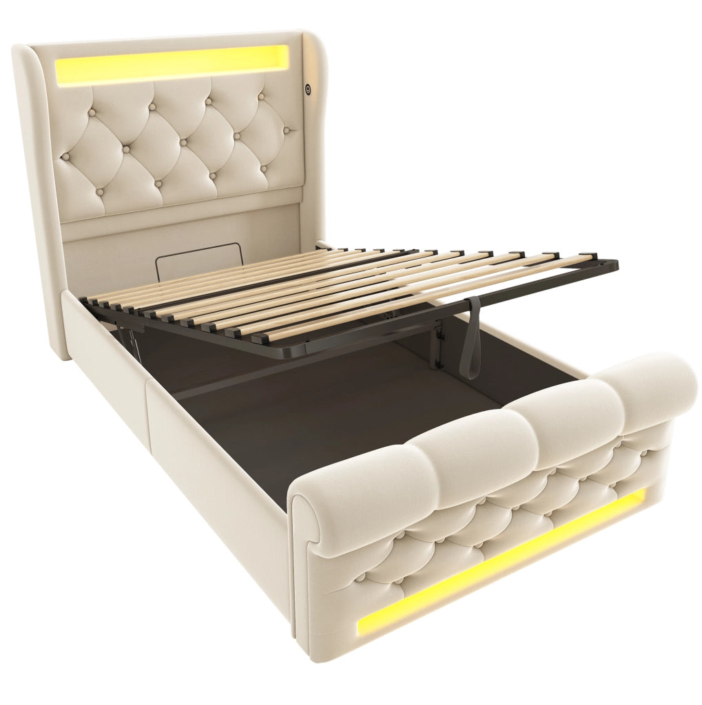 Letto contenitore 90x200 cm in velluto beige, LED, USB-C, senza materasso