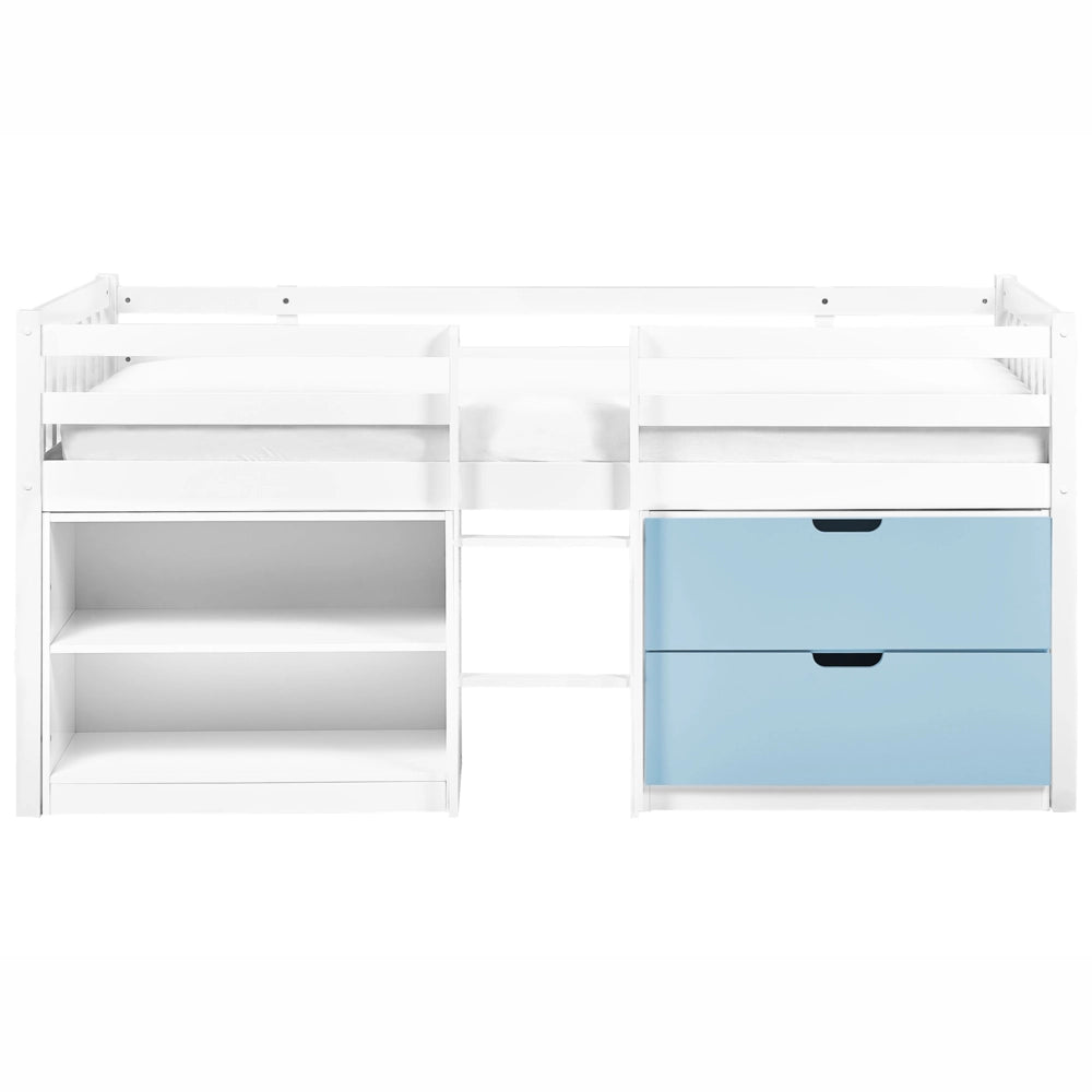 Letto per bambini bianco e blu in legno 90 x 200 cm con rete a doghe, cassetti e ripiani, letto per bambini piccoli