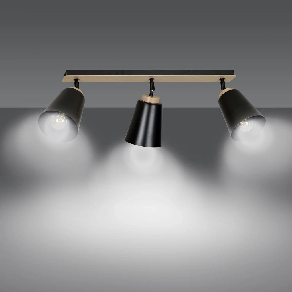 Plafoniera Faretti Spot Orientabili 3 Luci Xiwangmu Acciaio Nero E Legno Naturale