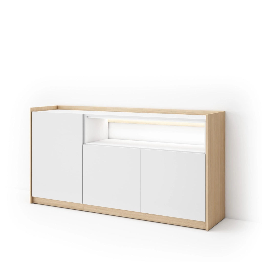 Credenza, Mobile, Cucina, 156x80x37 cm, 3 Porte, LED, Bianco e Rovere soft