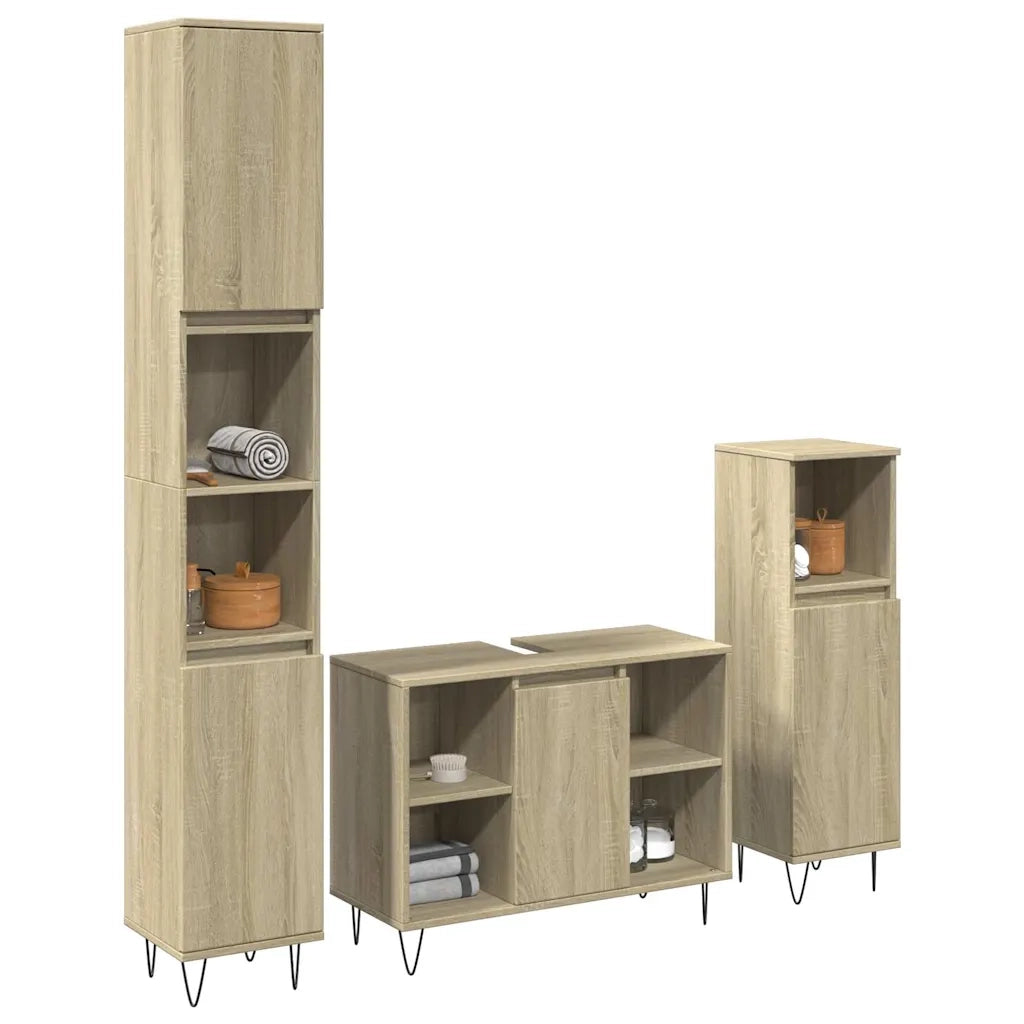 Set Mobili da Bagno | Armadio da bagno 3 pz Rovere Sonoma in Legno Multistrato