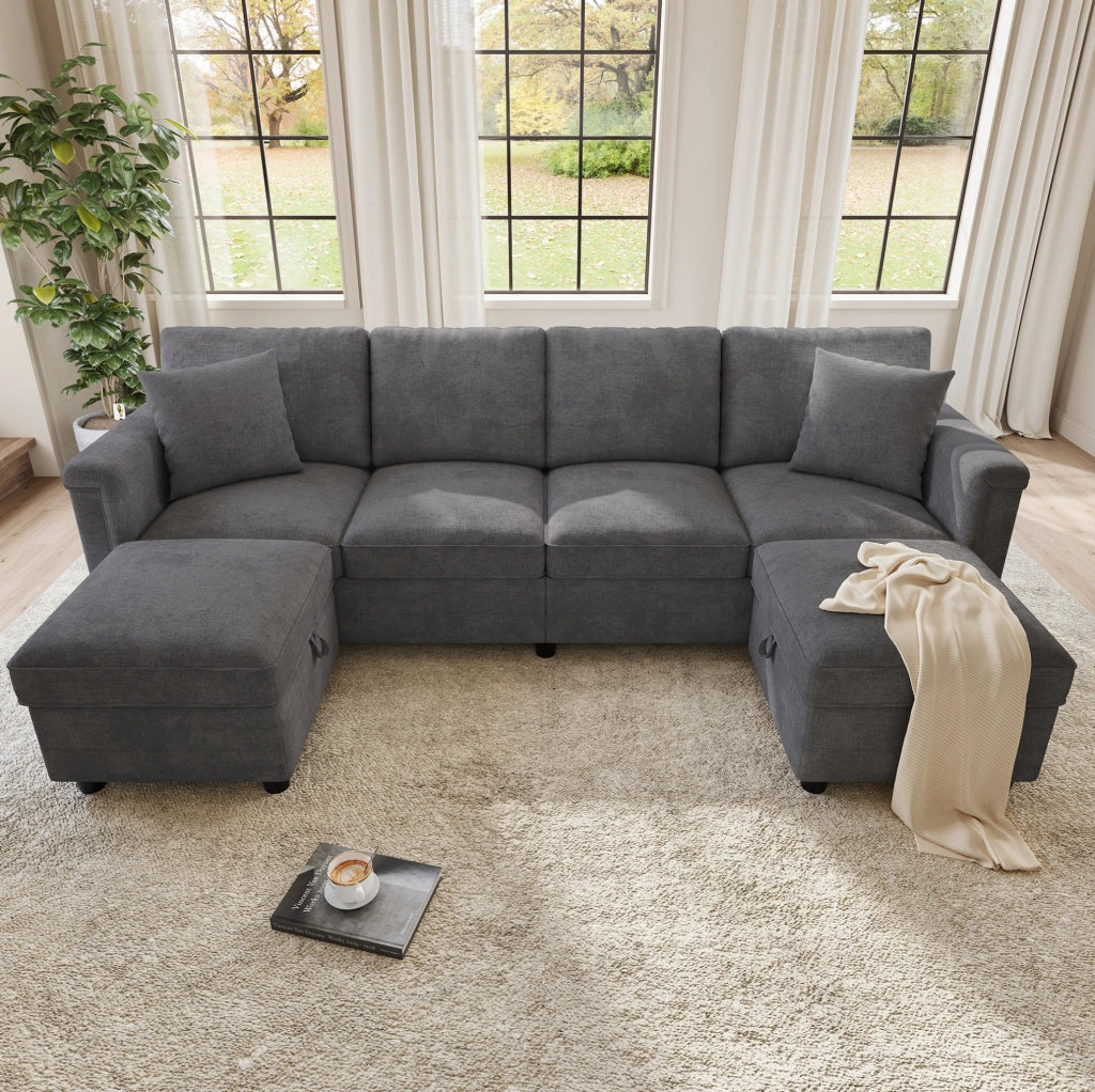 Divano modulare grigio in ciniglia 261x134x82 cm con 2 pouf contenitore; USB e Type-C