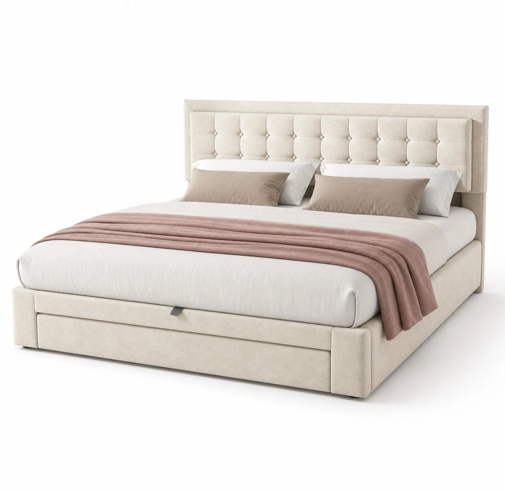 Letto matrimoniale 160x200 cm in velluto beige con contenitore; testiera regolabile e cassetti
