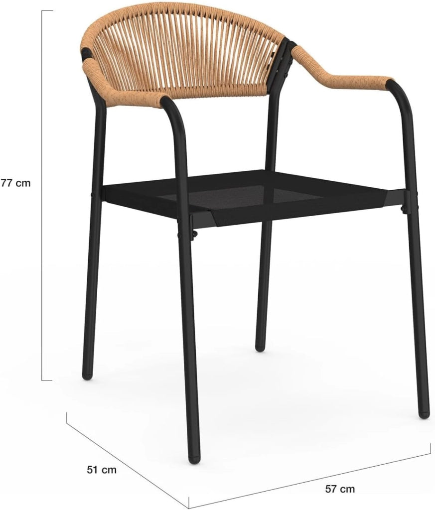Set di 6 sedie da giardino Madeira in metallo, corda e textilene nero e rattan chiaro