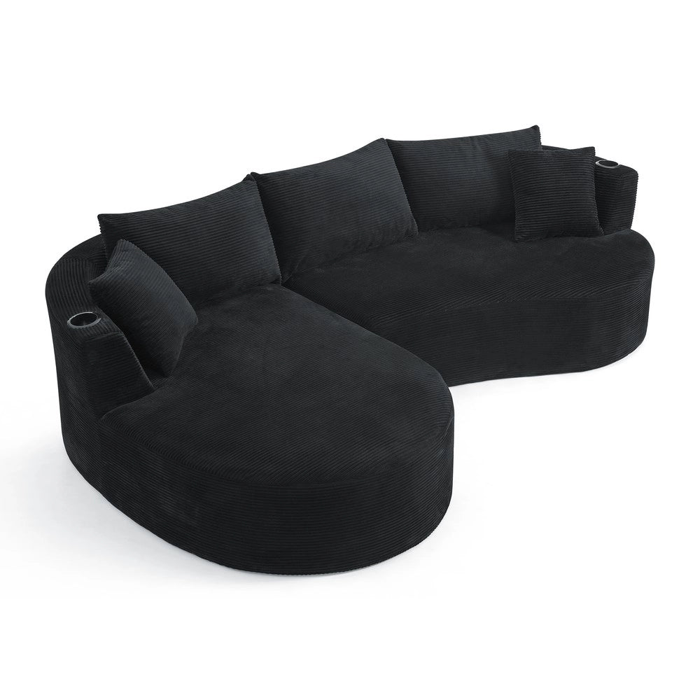 Divano 3 Posti con Chaise Longue e Cuscini ¨C Xylo ¨C Nero, Tessuto a Coste, con Portabicchieri