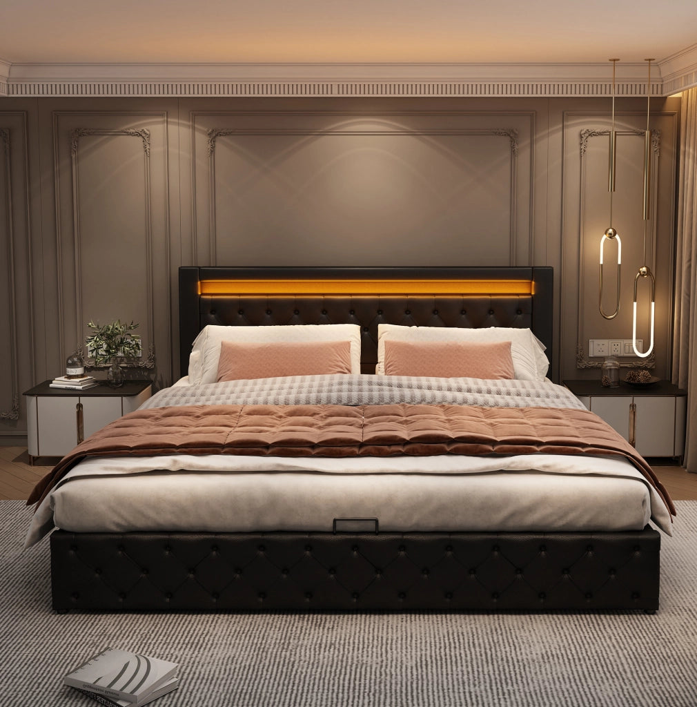 Letto imbottito 140x200 cm con contenitore; LED; PU nero