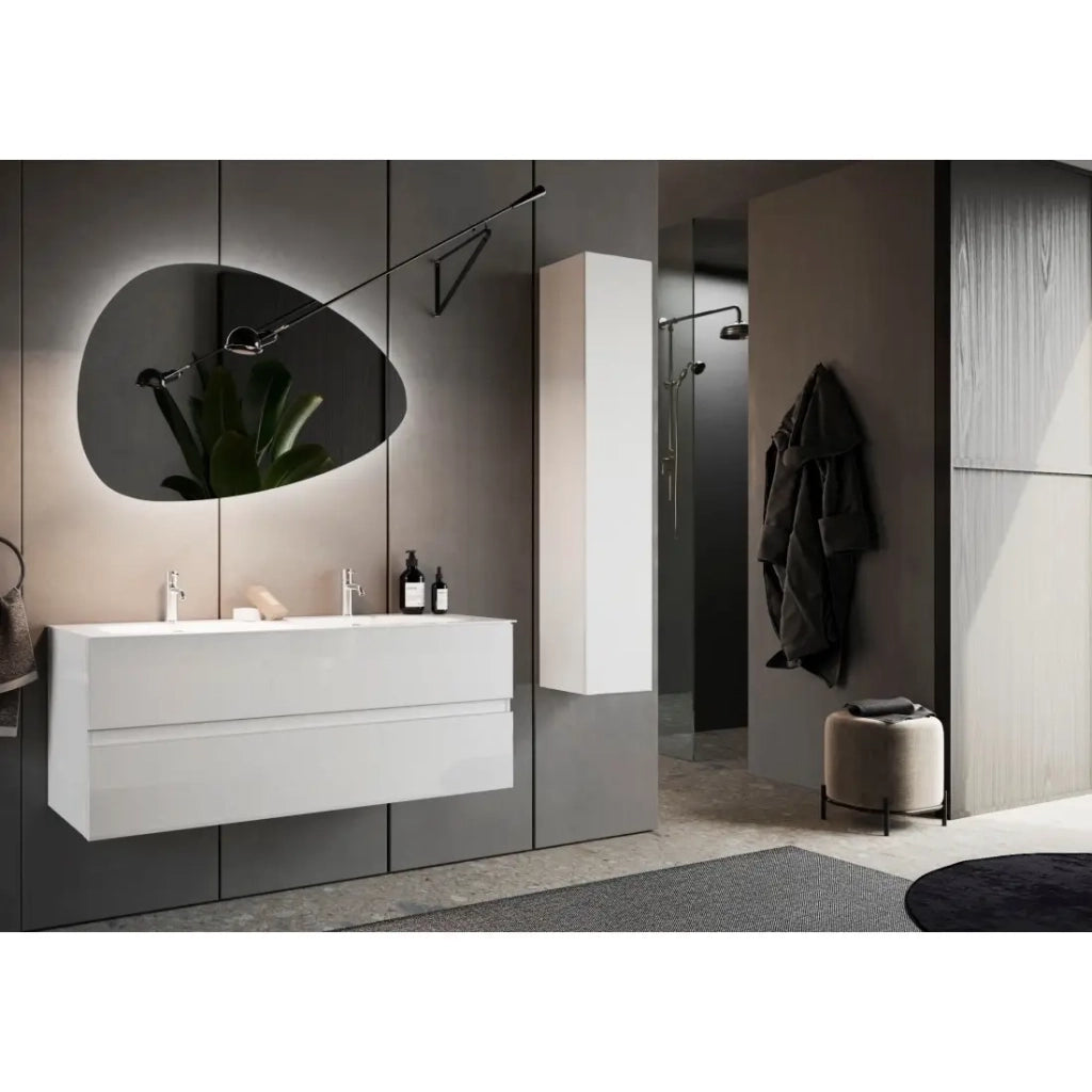 Mobile da bagno sospeso con due lavabi e 2 cassetti, collezione VIENNA. Colore bianco lucido.