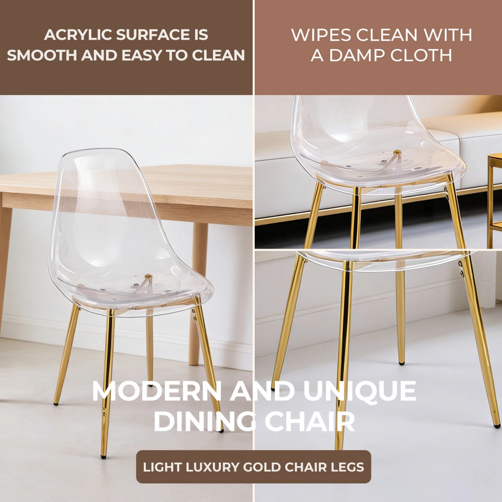 Set di 4 Sedie da Pranzo in Acrilico Trasparente con Gambe Dorate Moderne