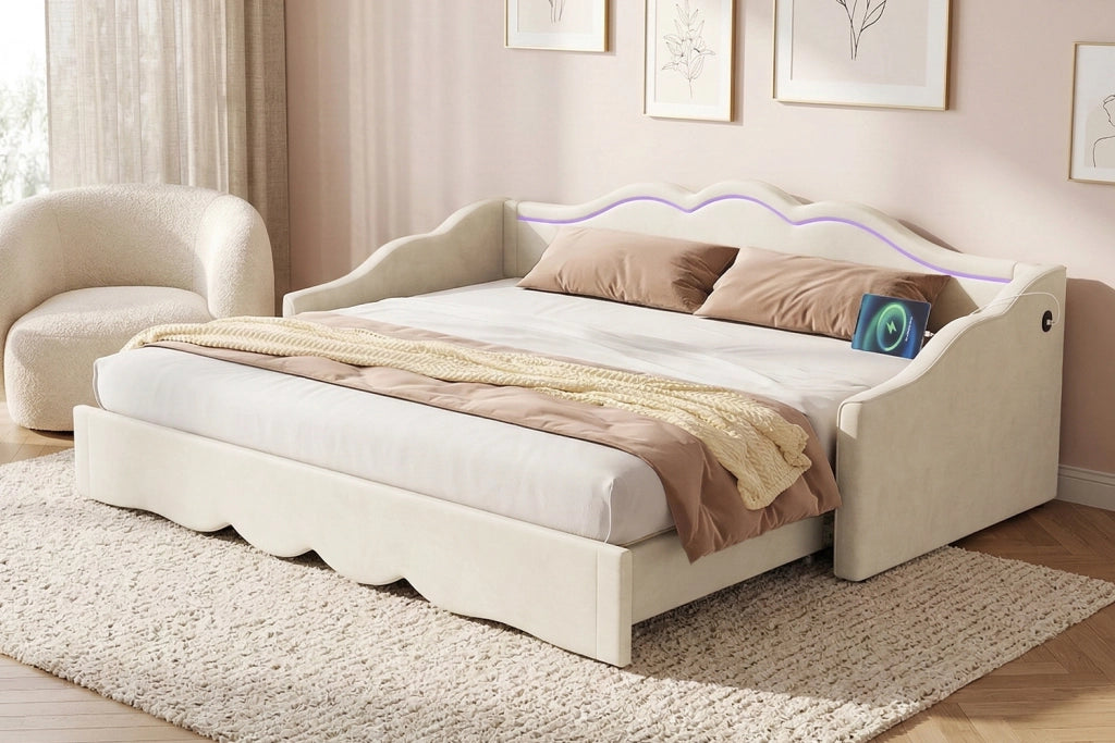 Letto estraibile 90x200 cm in velluto beige con luci LED, porte USB e TYPE-C, trasformabile in 180x200 cm