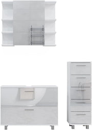 Set di mobili da bagno Ilias, Bianco lucido, 80 cm, composto da mobile sottolavabo, specchiera e mobile medio