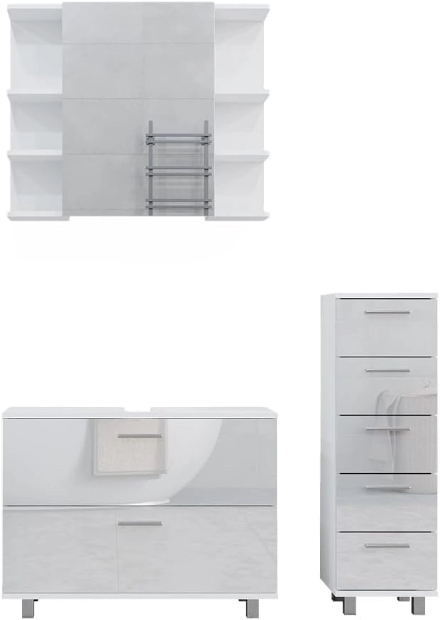 Set di mobili da bagno Ilias, Bianco lucido, 80 cm, composto da mobile sottolavabo, specchiera e mobile medio