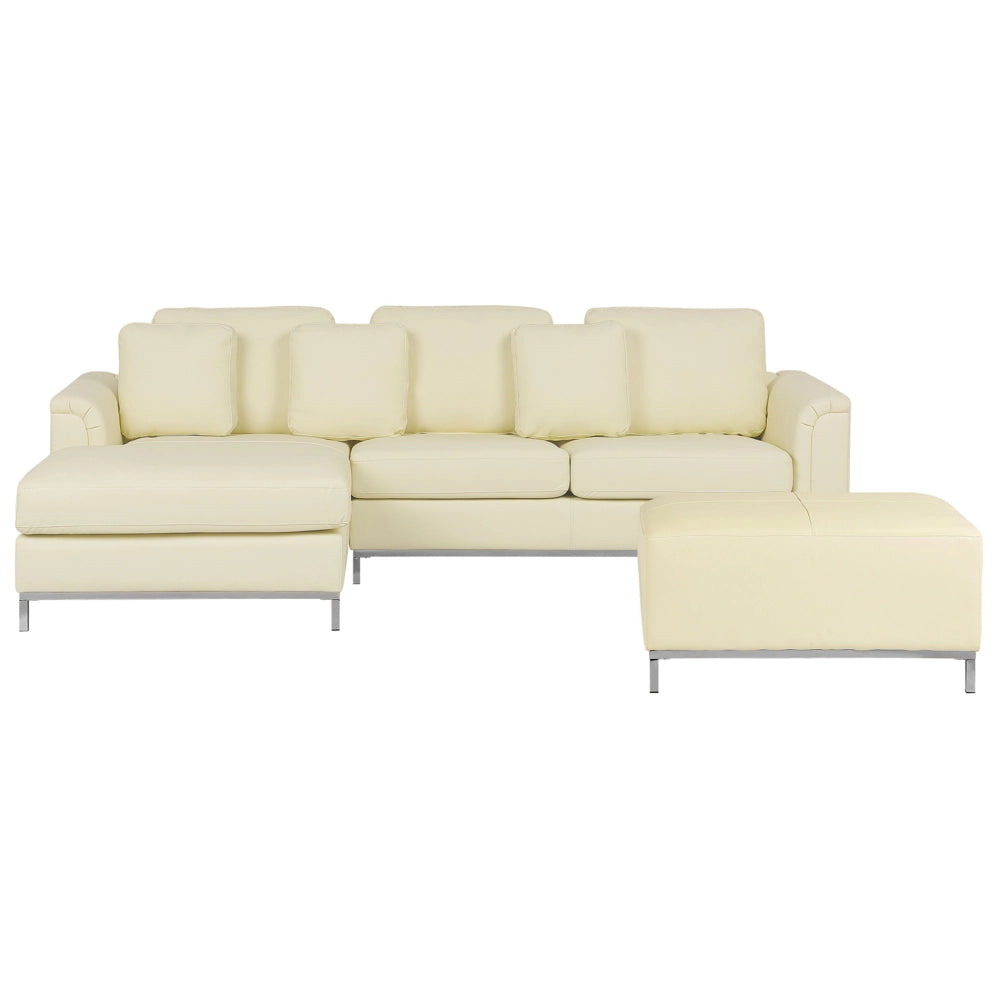 Divano ad angolo rivestito in pelle beige con orientamento a versione destra a forma di L ottomana