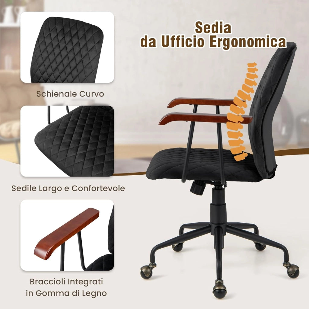 Sedia Girevole in Velluto, Sedia da Ufficio con Altezza Regolabile e Schienale, con Braccioli in Gomma e Ruote in Rame, Carico Massimo 150 kg (Nero)