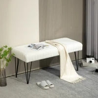 Panca Fondoletto Moderna con Gambe a Forcina, in Tessuto Effetto Ciniglia, Legno e Metallo, 118.5x46x49.5 cm, Crema