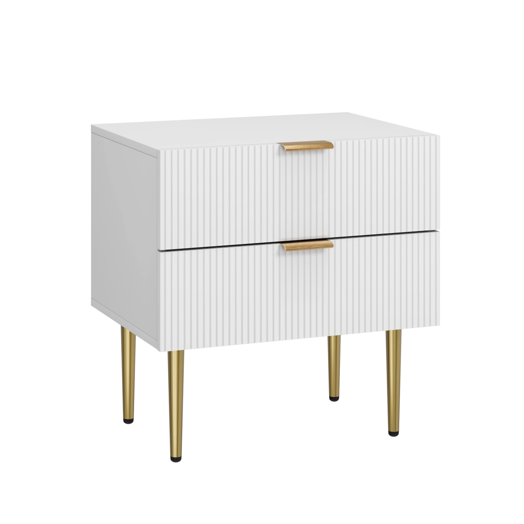 Comodino bianco con 2 cassetti e gambe in metallo