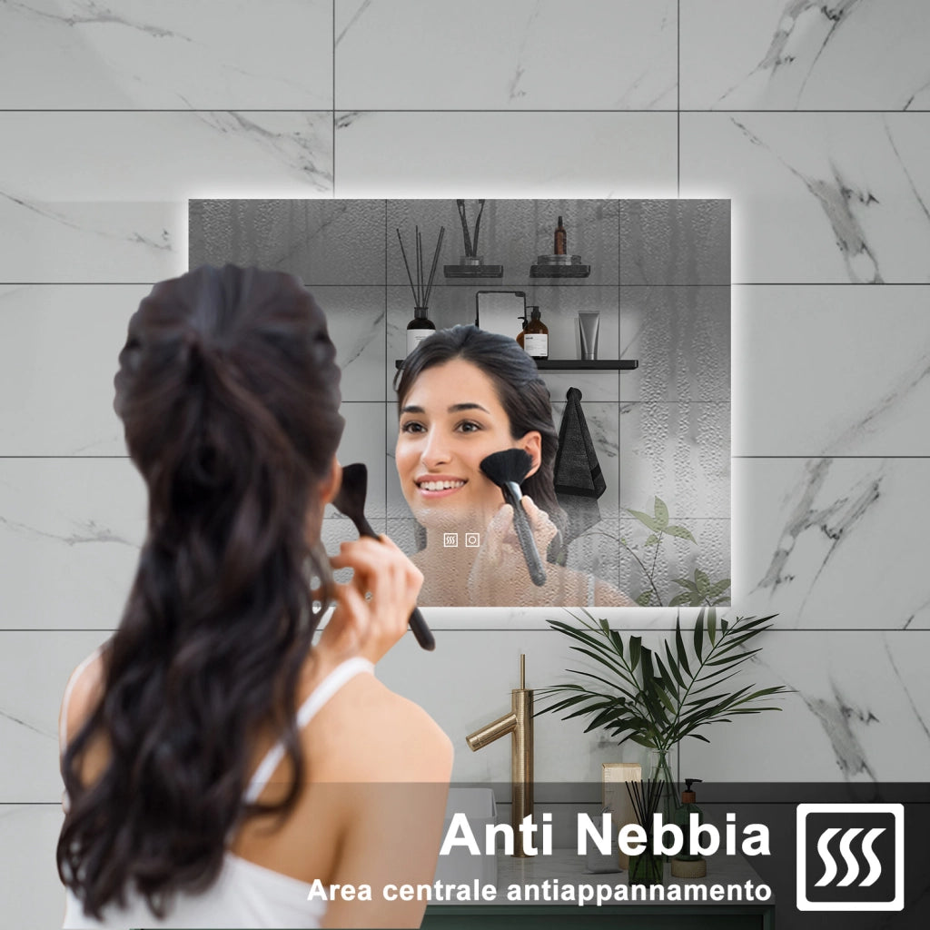 AICA Specchio da bagno 80 x 60 cm, dimmerabile, Funzione Memoria, antiappannamento, 3 colori