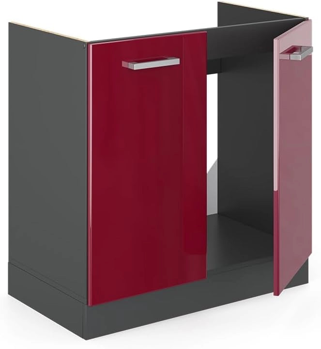 Mobile lavello cucina R-Line, Rosso lucido, 80 cm, PL Rovere, per la libera combinazione all'interno di sistemi cucina modulari