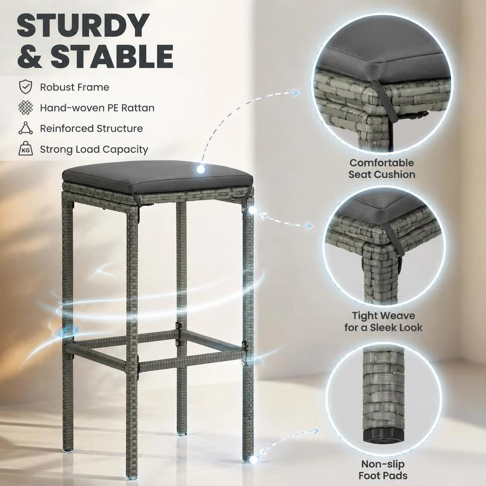 Bar Stools With Cushions, 2 Pieces, Grey Poly Rattan