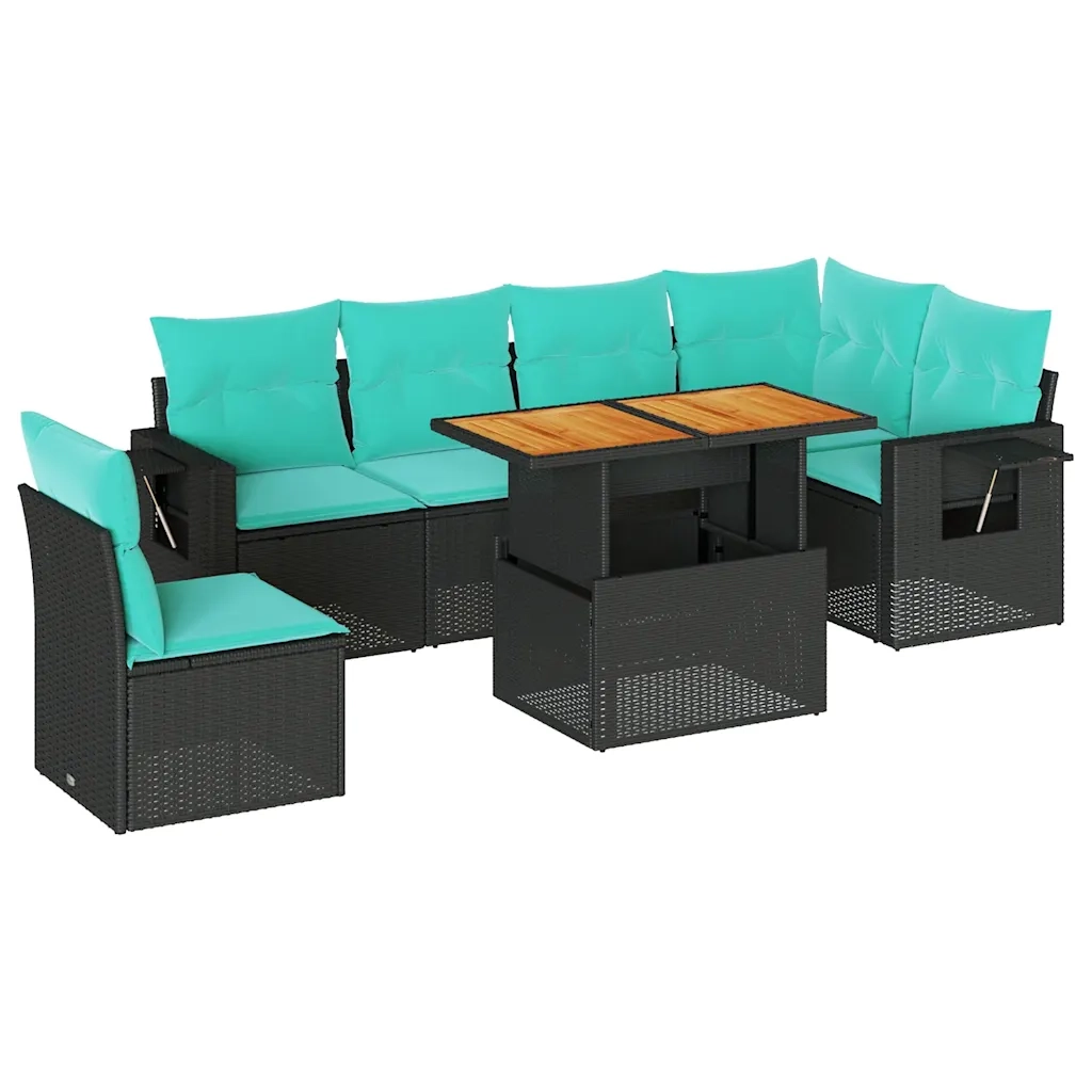 Set Divani da Giardino con Cuscini 7pz Nero Polyrattan