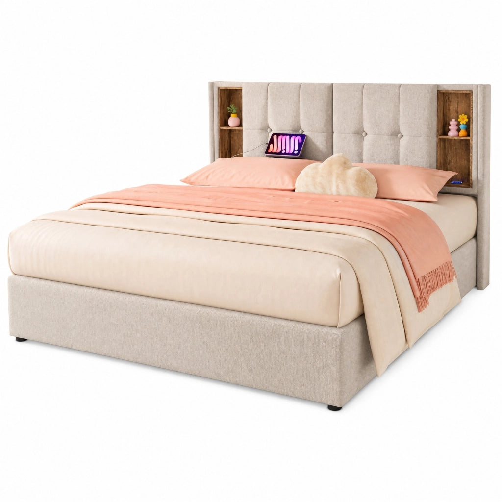 Letto matrimoniale imbottito 140x200 cm in lino naturale con ricarica wireless; USB e contenitore