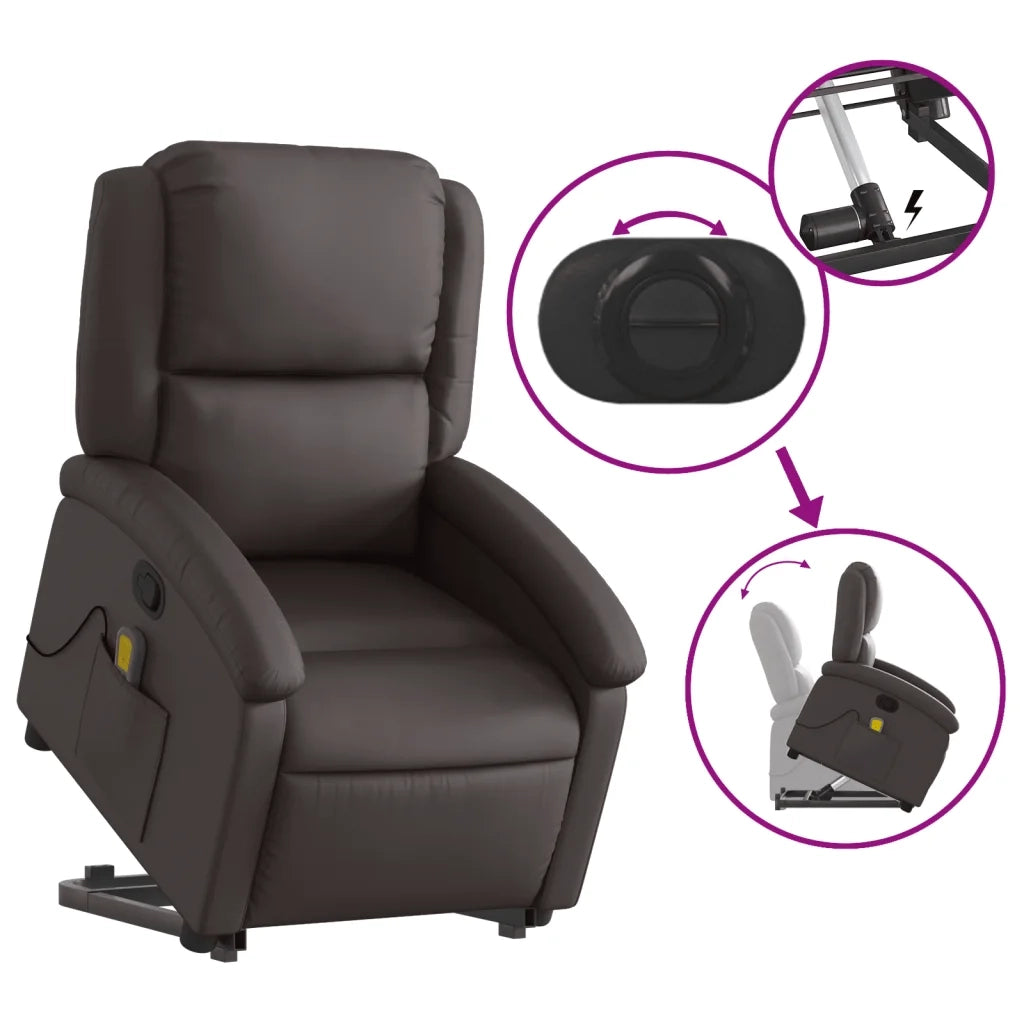 Poltrona a Rialzo Massaggi Reclinabile Marrone Scuro Vera Pelle 3204267