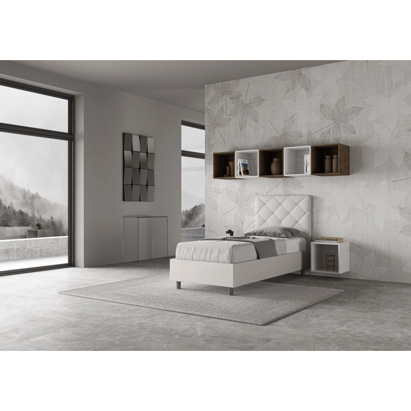 Letto imbottito Singolo 80x210 cm Priya - Bianco,Similpelle,Con rete