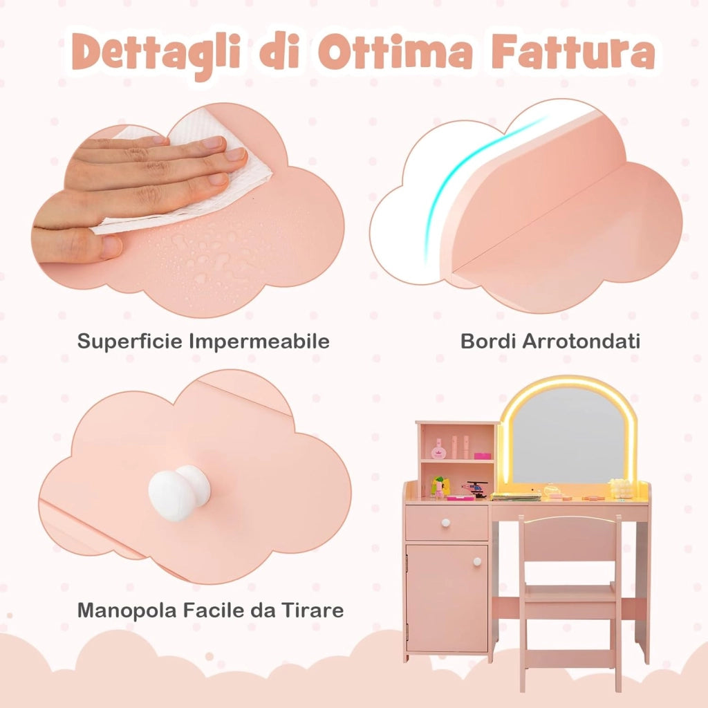Toeletta Trucco 2 in 1 per Bambina, Specchiera per Ragazza in Legno con Mensole, Cassetto, Ripiani e Luci LED Regolabile, Postazione Trucco per 3 Anni, 80 x 40 x 94 cm (Rosa Chiaro)
