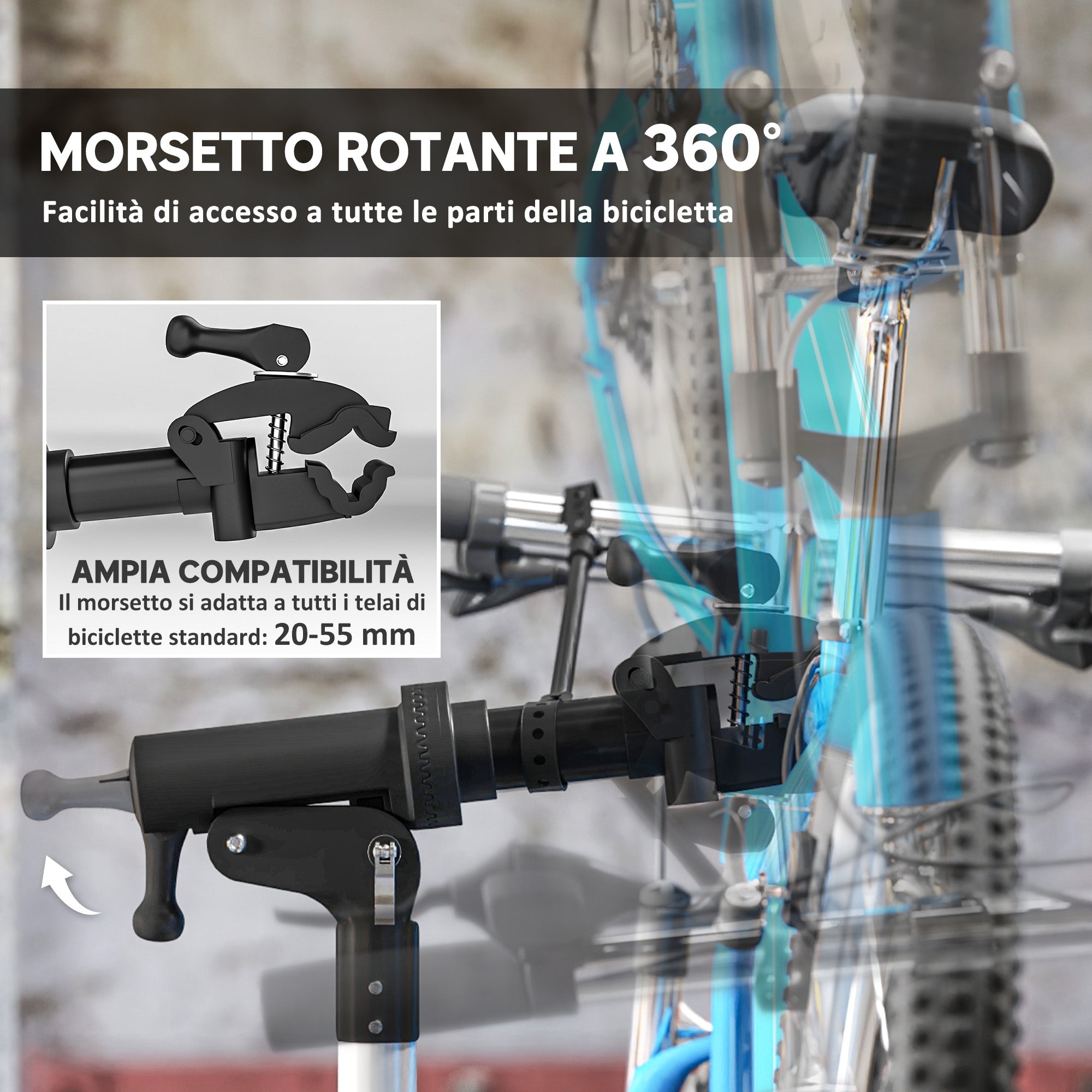Cavalletto Bici per Manutenzione Massimo 40 kg con Altezza Regolabile e Girevole a 360° Nero