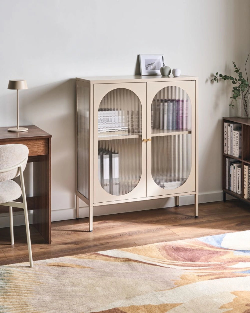 Vetrina moderna in acciaio beige e ante in vetro 90 x 35 cm in stile contemporaneo industriale sala da pranzo soggiorno