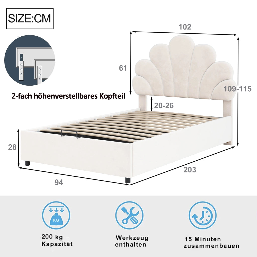 Letti contenitori 90x200 cm; contenitore idraulico; velluto; beige (Senza materasso)