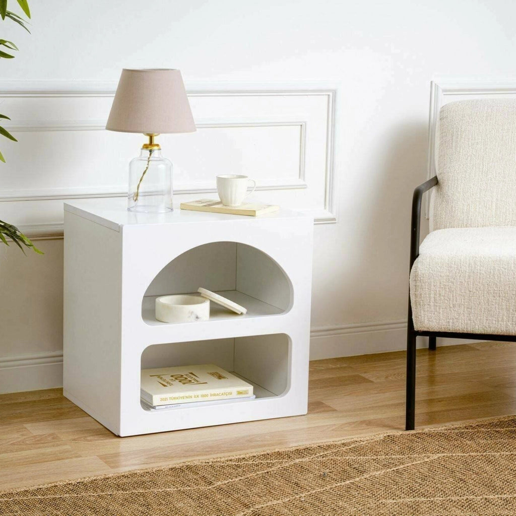 Comodino Nara, Comò basso, Tavolino da notte, Mensola da letto, 50x38h50 cm, Bianco