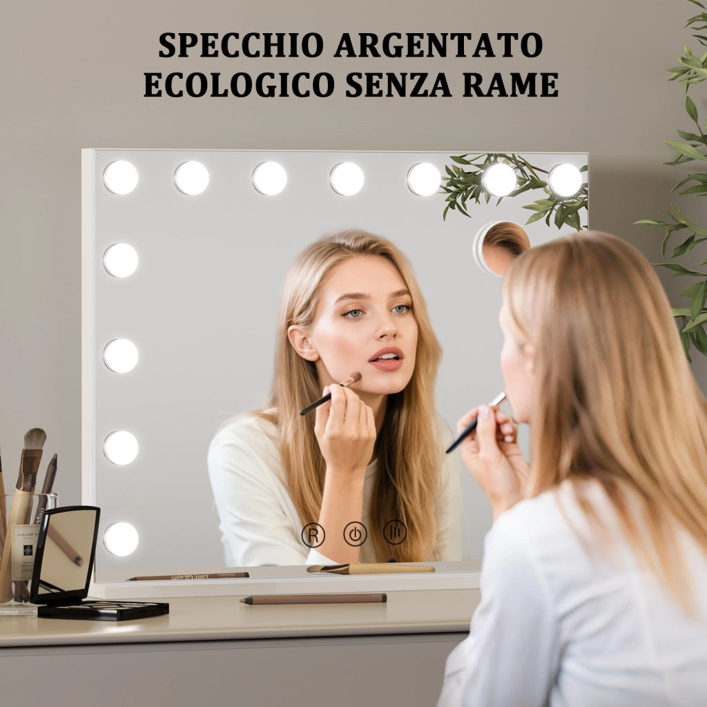 Specchio per il trucco con luce,15 lampadine LED,3 modalit¨¤ di luce, intensit¨¤ regolabile,controllo touch,porta USB/tipo C,58 x 46 x 3 cm,