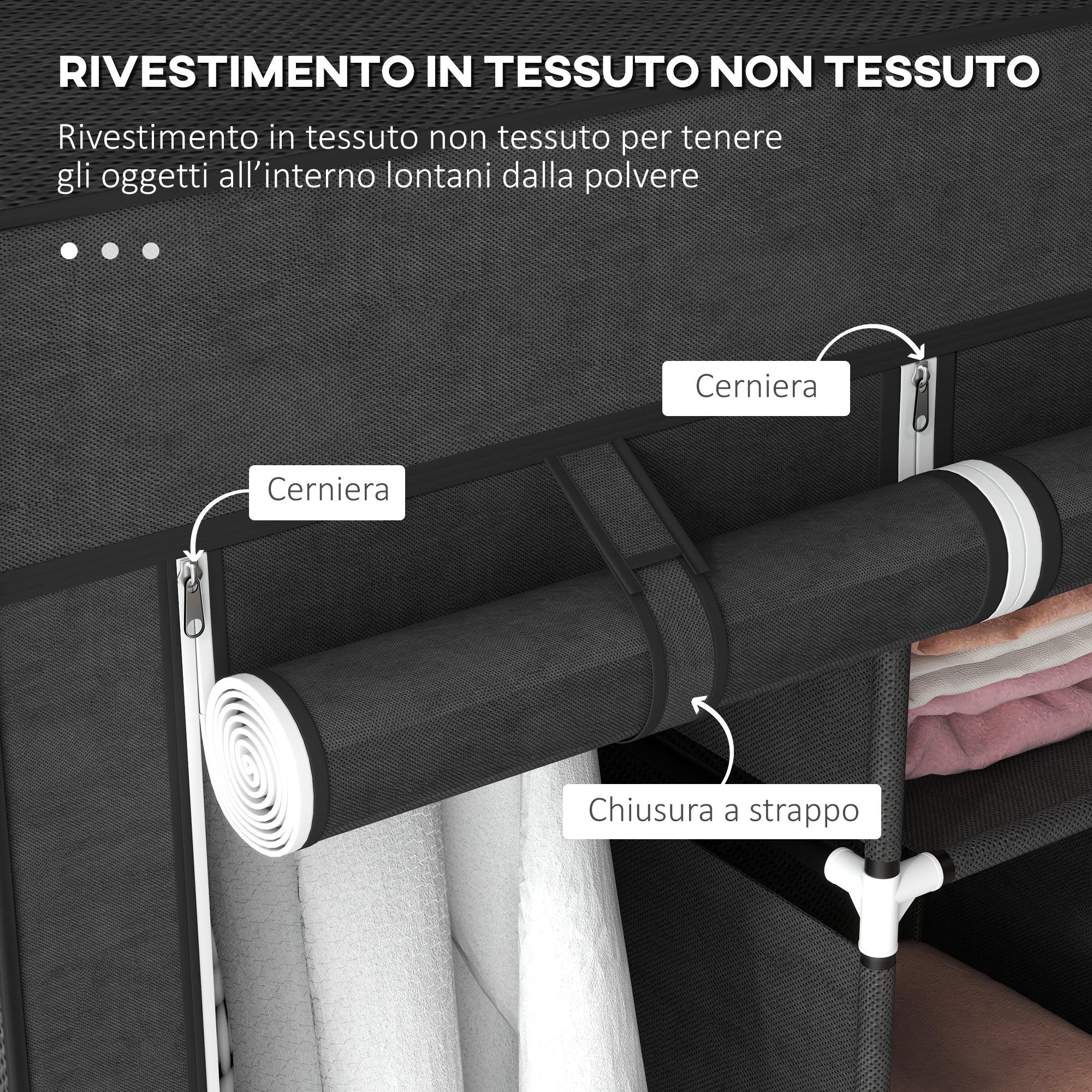 Armadio Guardaroba Salvaspazio 8 Ripiani 125x43x162,5 cm in Tessuto Nero