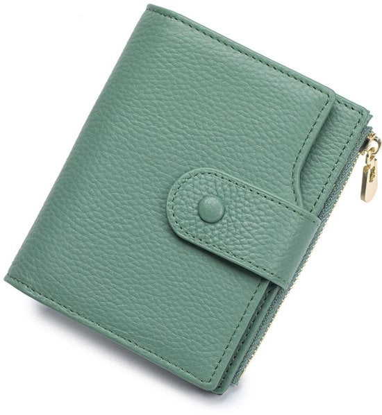 Portafoglio per donna in pelle reale, protetto da RFID, disegno pieghevole a doppio strato, con taschino chiuso e spazio per monete - Verde