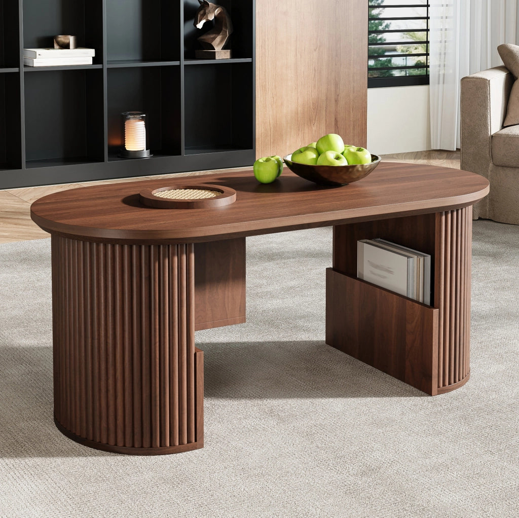 Tavolino da caffè ovale con vani contenitore; 105 x 50 x 46;5 cm; MDF color noce
