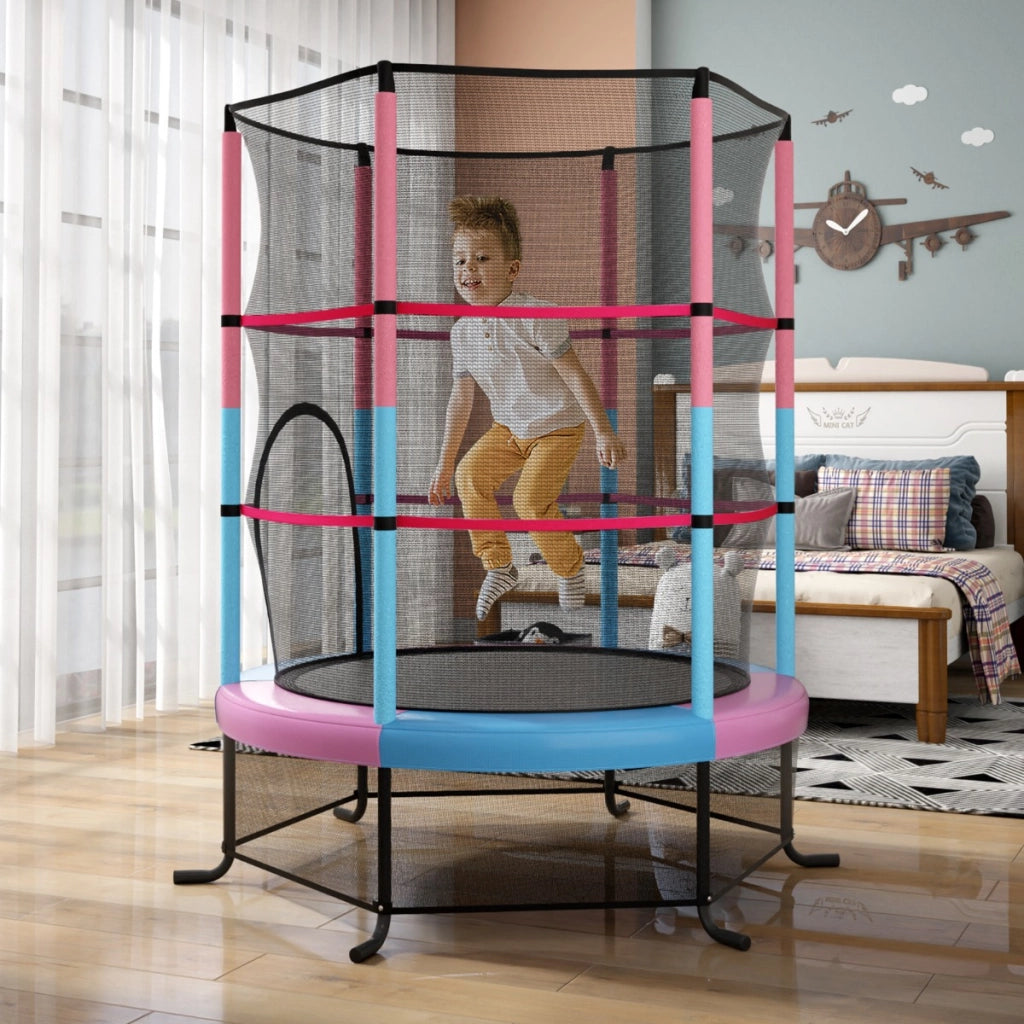 Tappeto elastico per bambini con rete di sicurezza, Tappeto elastico con struttura in acciaio resistente Rosa