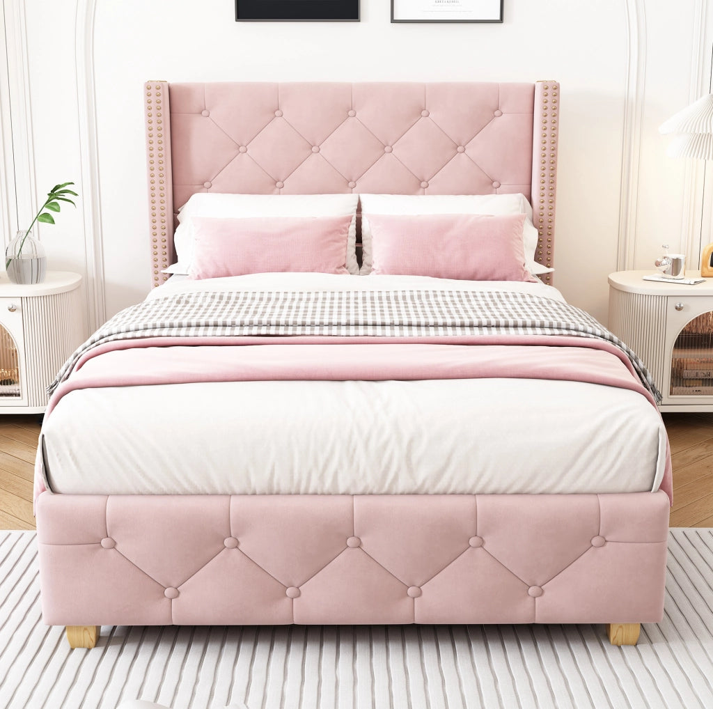 Letto singolo imbottito 90x200 cm in velluto rosa con rete